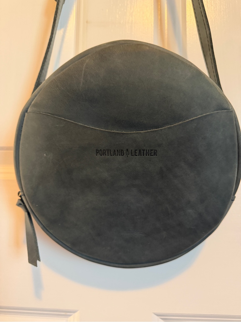 Portland Leather Round Messenger Crossbody Bag in slate blue